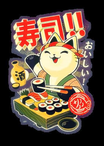 Illustration japonaise d’un chat préparant du sushi